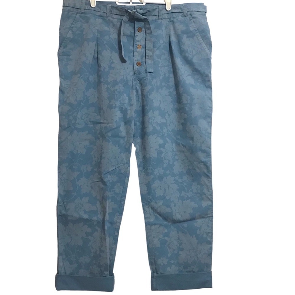Sundance Bastille Easy Pant Button Fly Belted Floral Print Blue Woman’s Size 16